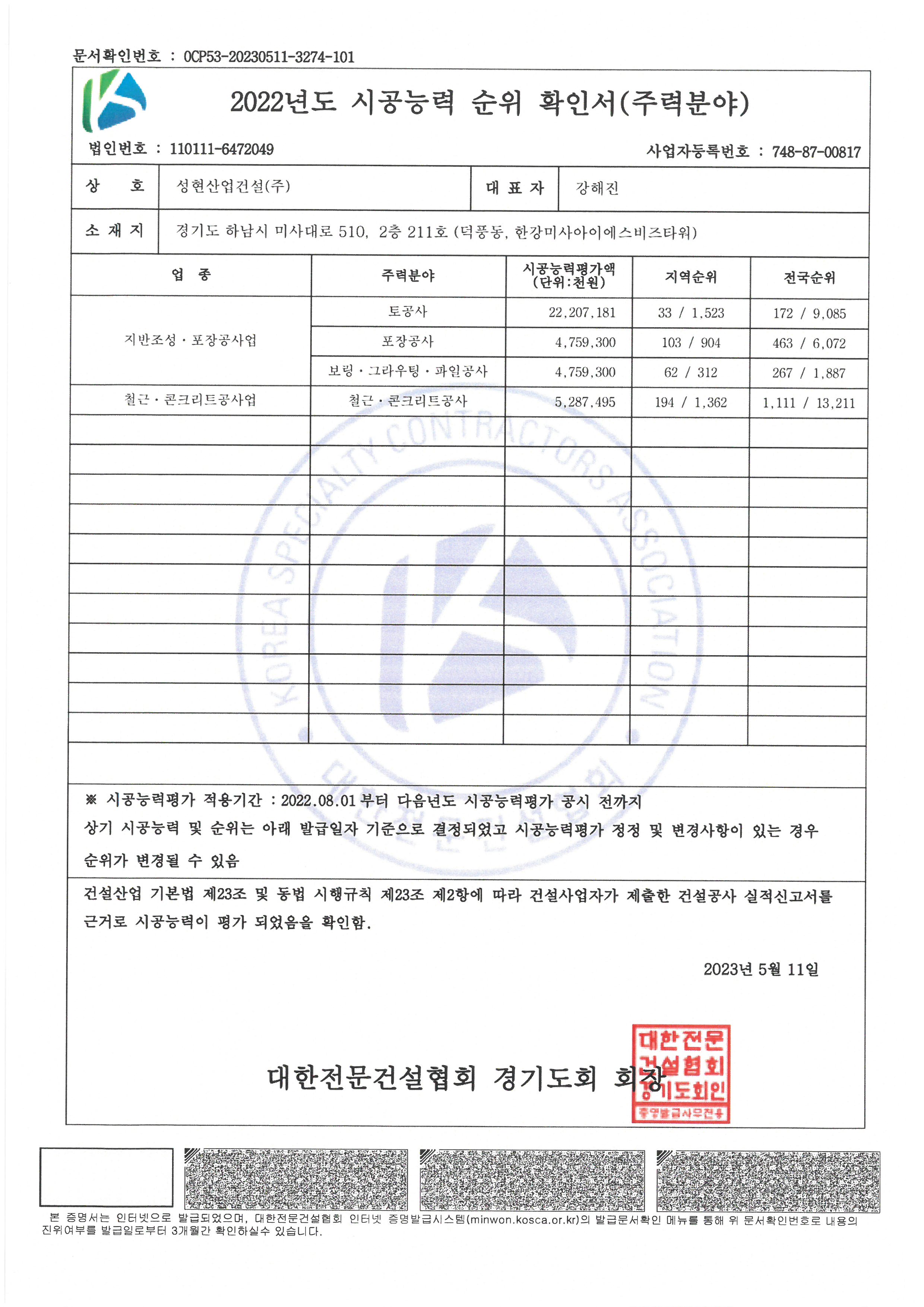 2022 시공능력 순위 확인서